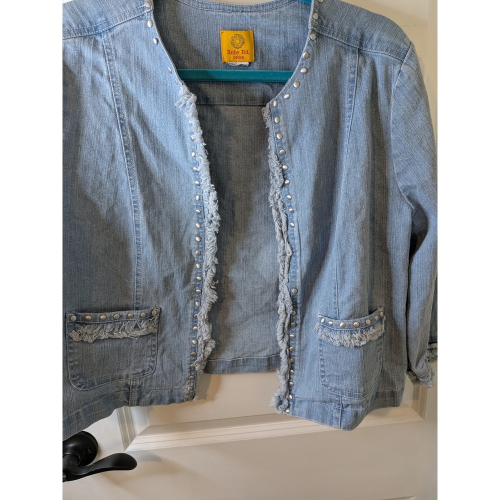 Ruby Rd Petite Light Wash Studded Fringe Open Front Denim Jacket Light Blue
